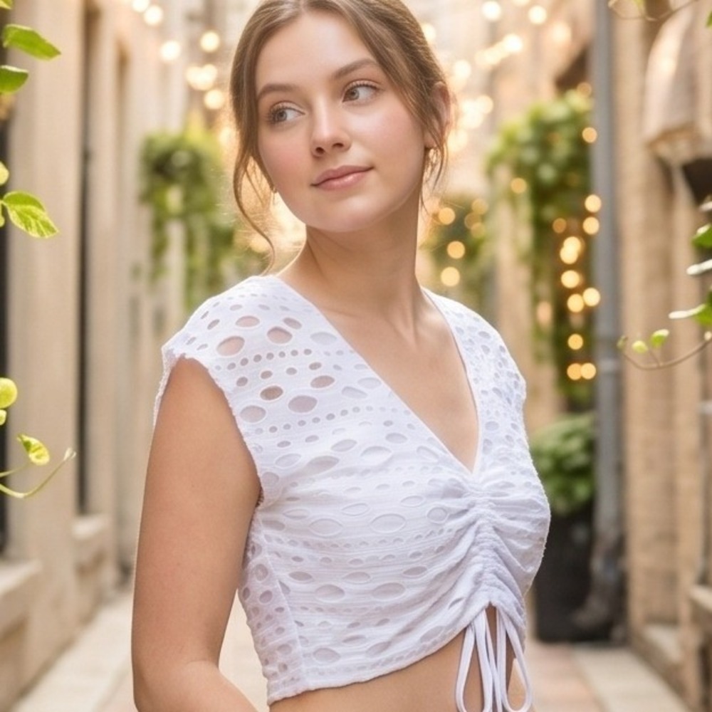 Tower M Y2K White Fairycore Mesh Eyelet Overlay Tie Front Crop Top USA Medium